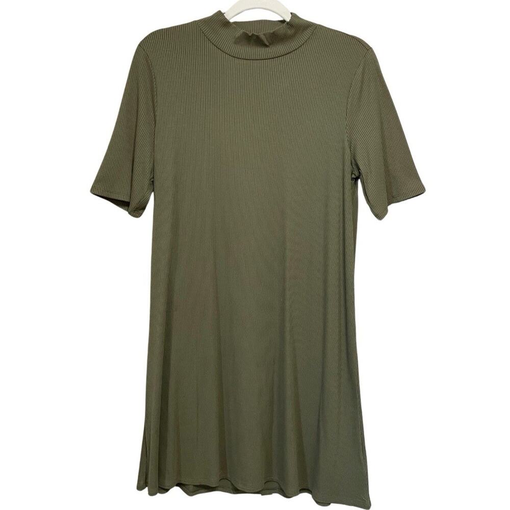 GAP Mock Neck Half Sleeve A-line Dress Size M Petite Olive Green Ribbed Knit NEW